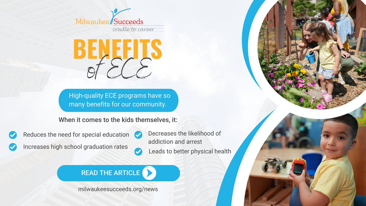 MKESucceeds's tweet image. Those are some major benefits! High-quality #ECE certainly sets kids up for success. Yet so many centers are still in danger of closing. #ECEMatters #earlychildhood milwaukeesucceeds.org/news/child-car…