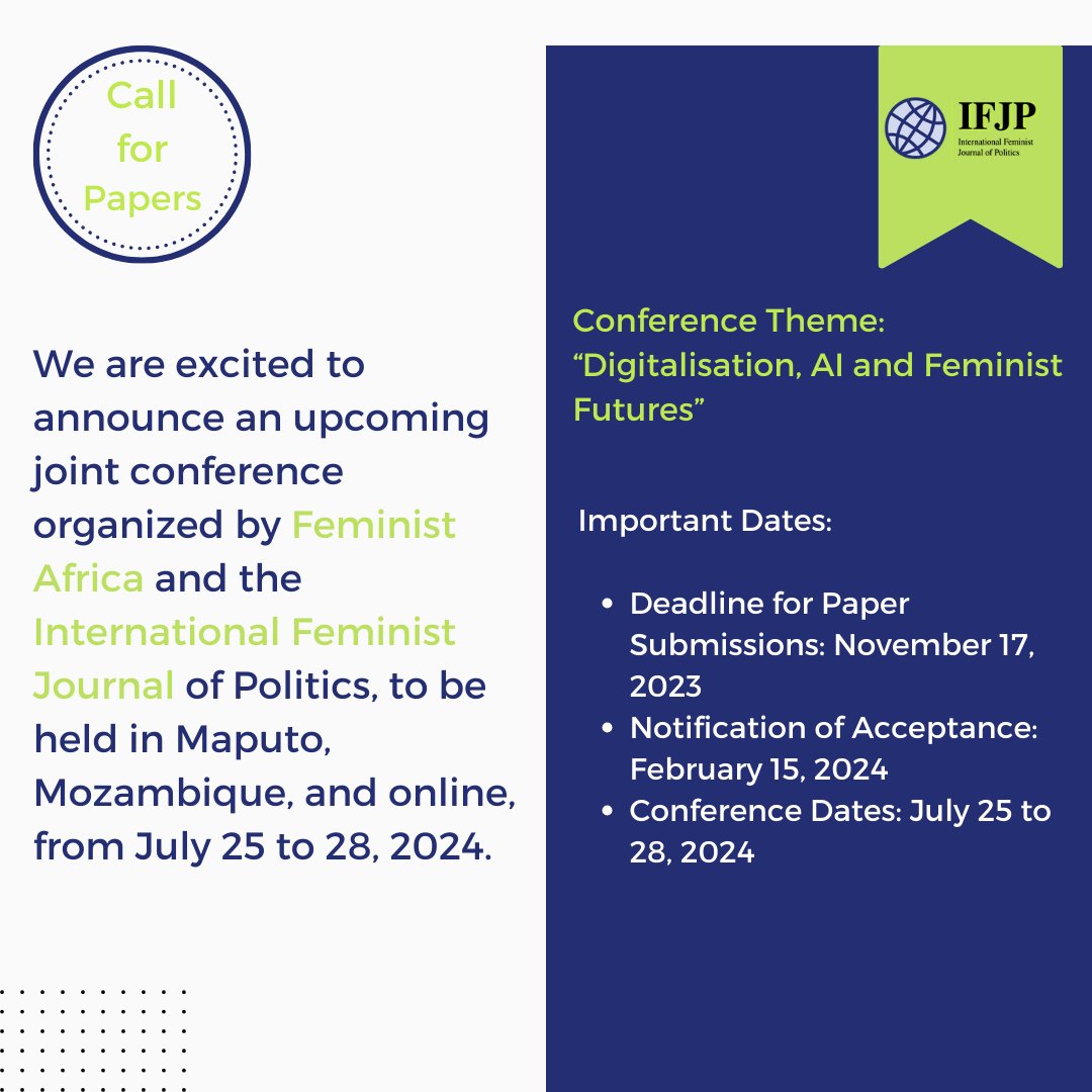 International Feminist Journal of Politics (@ifjpglobal) on Twitter photo 📢 upcoming joint conference organized by <a href="/FemAfrica/">Feminist Africa</a> & <a href="/IFJPglobal/">International Feminist Journal of Politics</a> in Mozambique and online from July 25 to 28, 2024. Make sure to submit a proposal!
read more here: feministafrica.net/category/updat… 📢 upcoming joint conference organized by <a href="/FemAfrica/">Feminist Africa</a> & <a href="/IFJPglobal/">International Feminist Journal of Politics</a> in Mozambique and online from July 25 to 28, 2024. Make sure to submit a proposal!
read more here: feministafrica.net/category/updat…