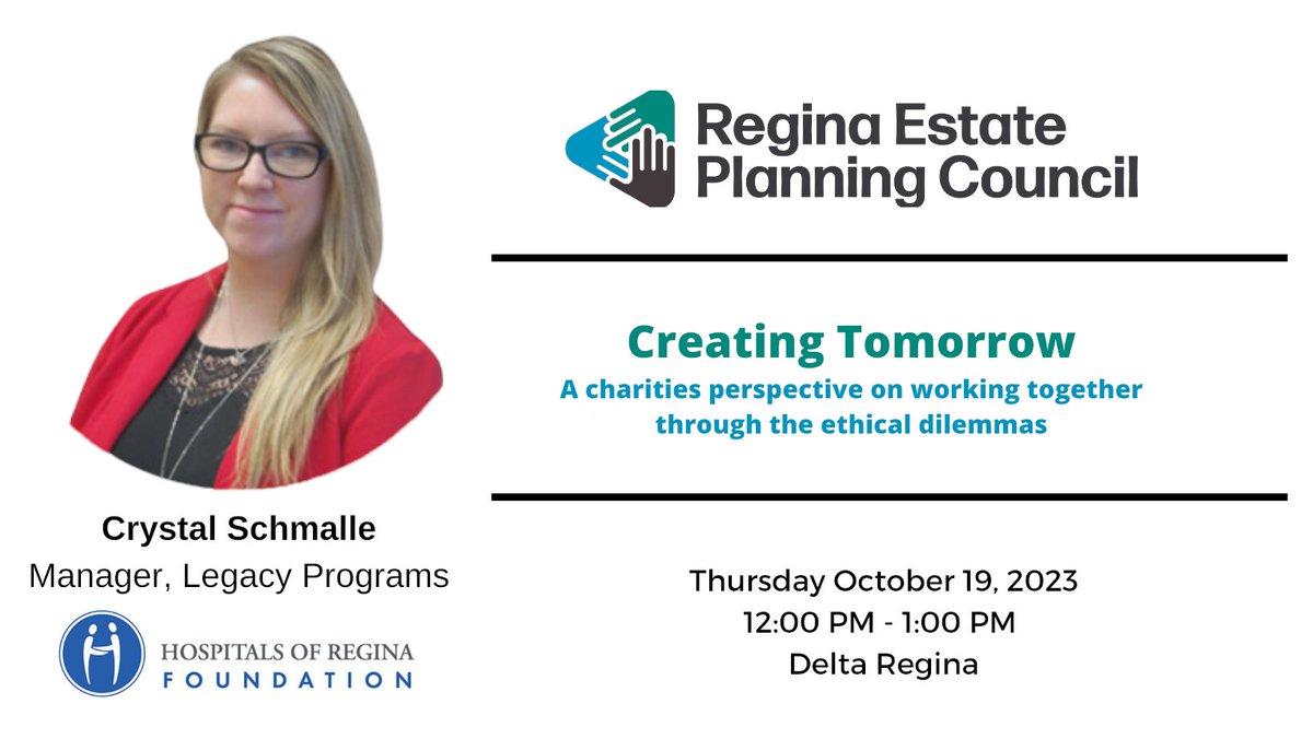 Join us next Thursday for our Creating Tomorrow luncheon as our guest speaker @crystalschmalle, CFRE, of the <a href="/HRFdn/">@hrfdn</a>, walks us through some situations from a charity’s perspective and discuss' the ways charities &amp; advisors can work together to fulfill the donors legacy intentions.
