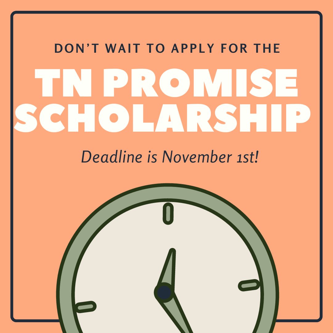Seniors! You have less than 1 month to apply for the #tnpromisescholarship 

If you plan on attending a TN community college or TCAT, then this scholarship is for you! Apply at: tn.gov/tnpromise