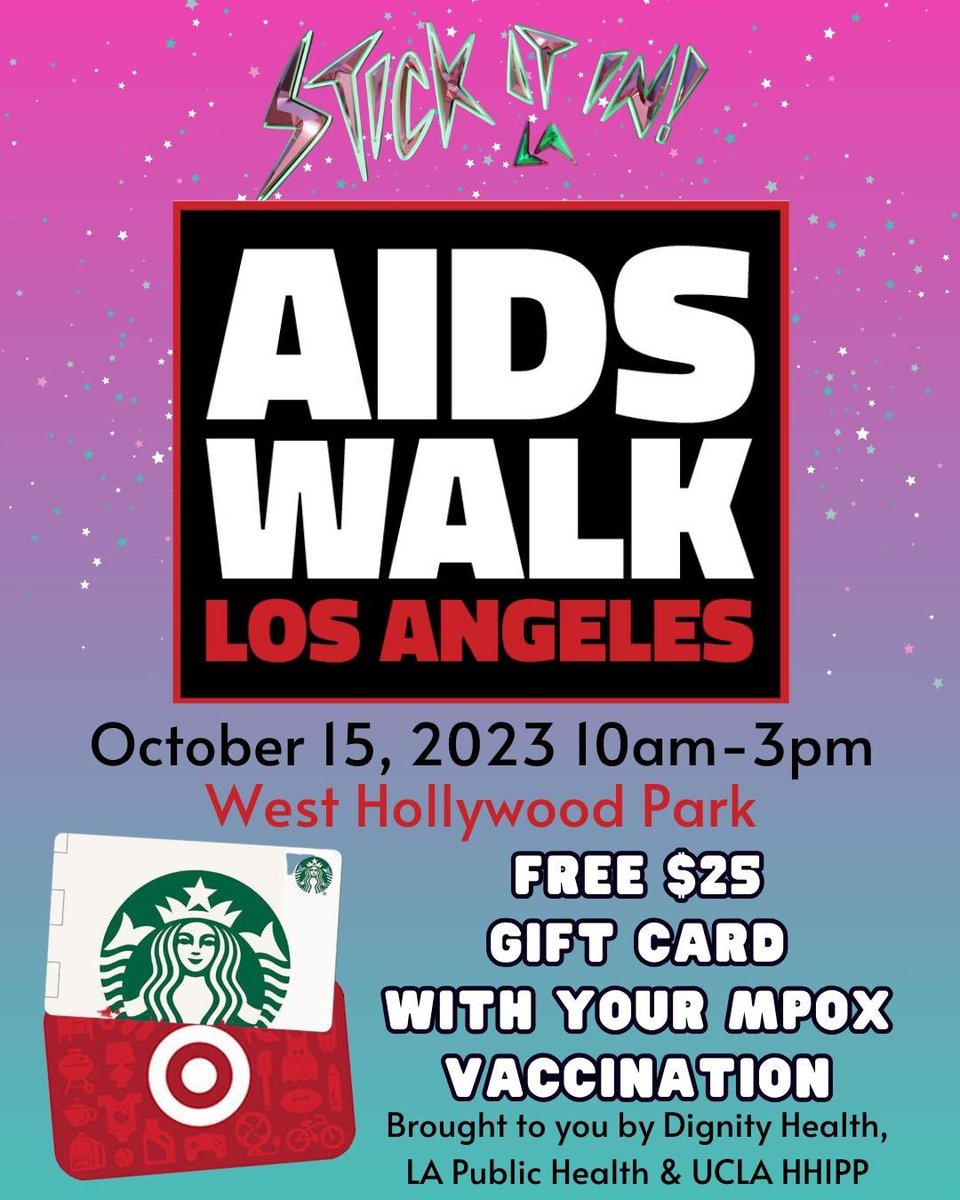 STICKITIN.LA will be providing Mpox vaccines at @aplahealth <a href="/aidswalkla/">AIDS Walk LA</a> AIDS Walk Los Angeles on Sunday, October 15 from 10am-3pm. 
Get a FREE Target or Starbucks gift card with your vaccination.