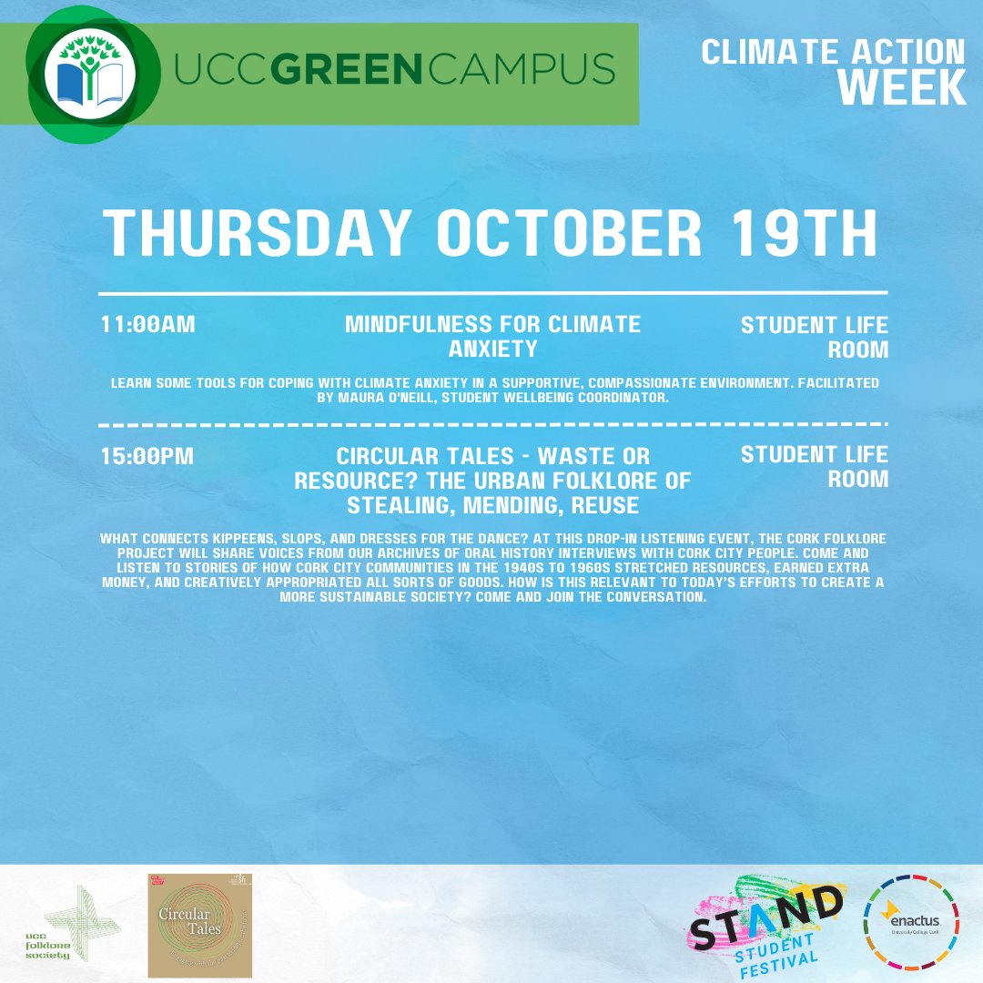 Join us for the @UCC Climate Action Week organised with @stand_ie & @UCCEnactus! Each day has a different theme where you will have the opportunity to learn, engage & contribute to Climate Action on campus in a variety of different ways!