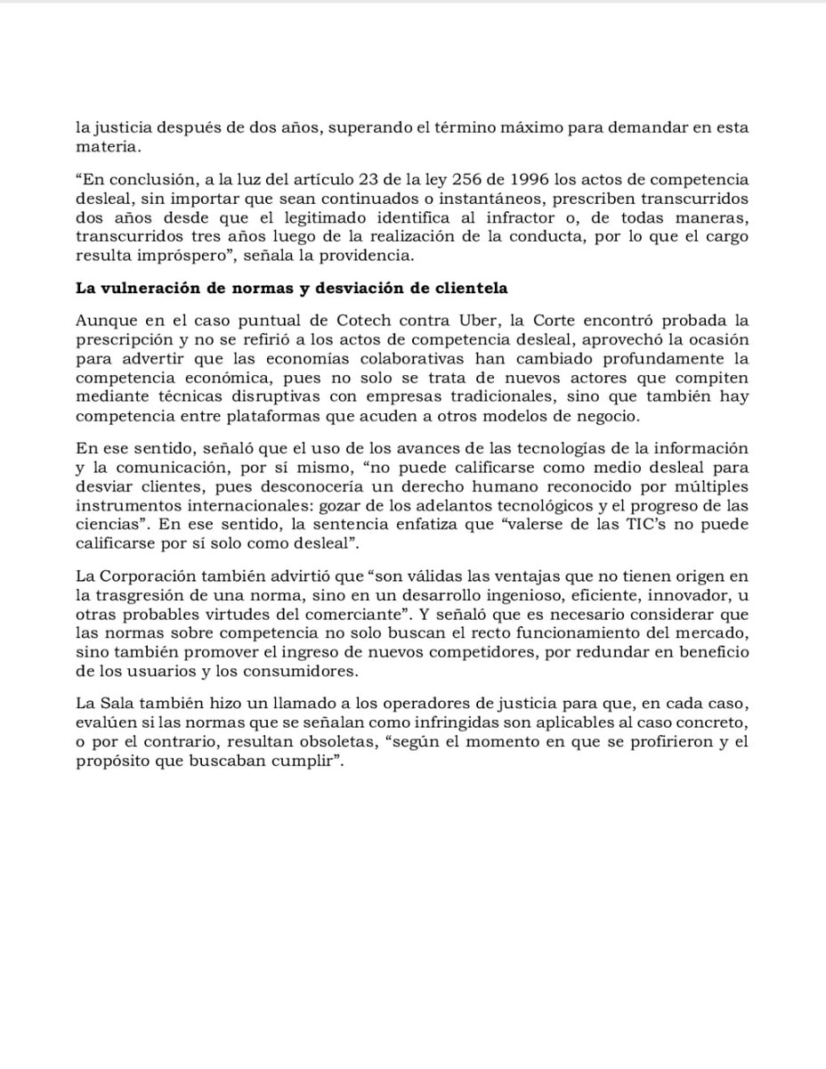 CorteSupremaJ's tweet photo. #SalaCivilAgrariaYRural determina que el plazo que Cotech tenía para demandar a @Uber por competencia desleal, está prescrito. La Corte advierte sobre los retos que los esquemas de economías colaborativas plantean para el derecho y para el mercado. Ver: https://t.co/t7dhyqOwIA https://t.co/uck0VzpCdn