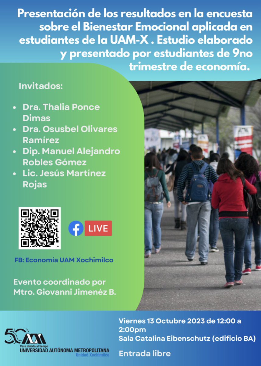 UAMX_Economia's tweet photo. #UAMXochimilco
#EconomíaUAMX
Invitamos cordialmente a la:

Presentación de los resultados de la “Encuesta sobre el Bienestar Emocional” aplicada por estudiantes de Economía de 9vno trimestre a cargo del Mtro. Giovanni Jiménez.
@uamxoficial 
@lauammx https://t.co/77111RMc3T