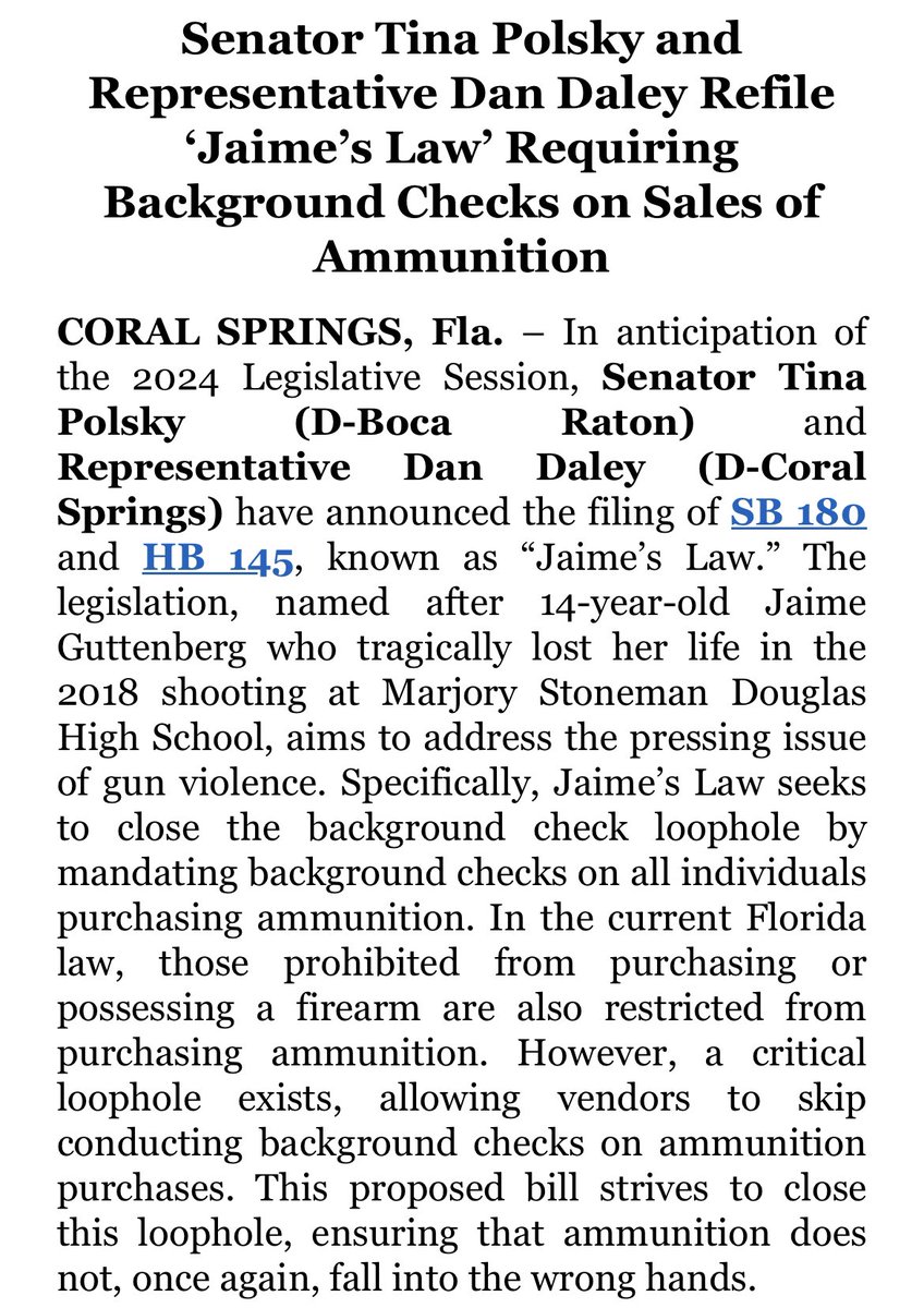 DanDaley's tweet image. Today, I re-filed Jaime’s Law in honor of 14 year old Jaime Guttenberg, who tragically lost her life in the shooting at Marjory Stoneman Douglas.
Jaime’s Law seeks to close the ammo loophole by requiring background checks on ammunition purchases.