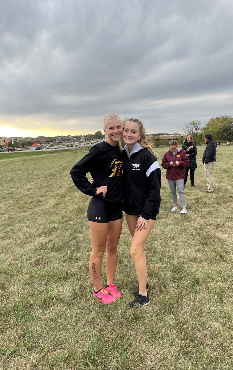 5 minutes… Two more superstar Hawkette seniors running in their last conference meet. Thank you for your dedication &amp; leadership. Madisyn &amp; Gwen, we will miss you!!!!