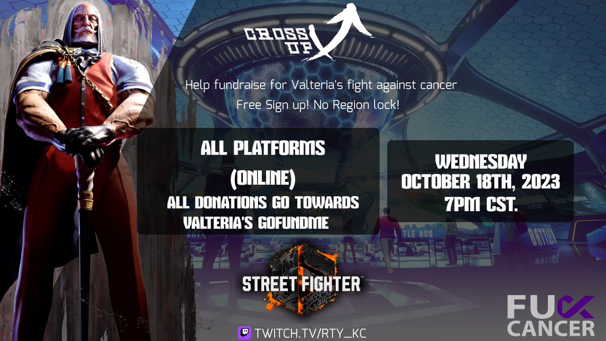 Hello all! <a href="/Valteria_KC/">Valteria | VIOLENTWAVES.COM</a> is closing in on his gofundme goal for his fight against cancer. To do our part in helping him get there we will be running an online tournament to help fundraise the remaining amount! 

Registration can be found here!

start.gg/tournament/xup…