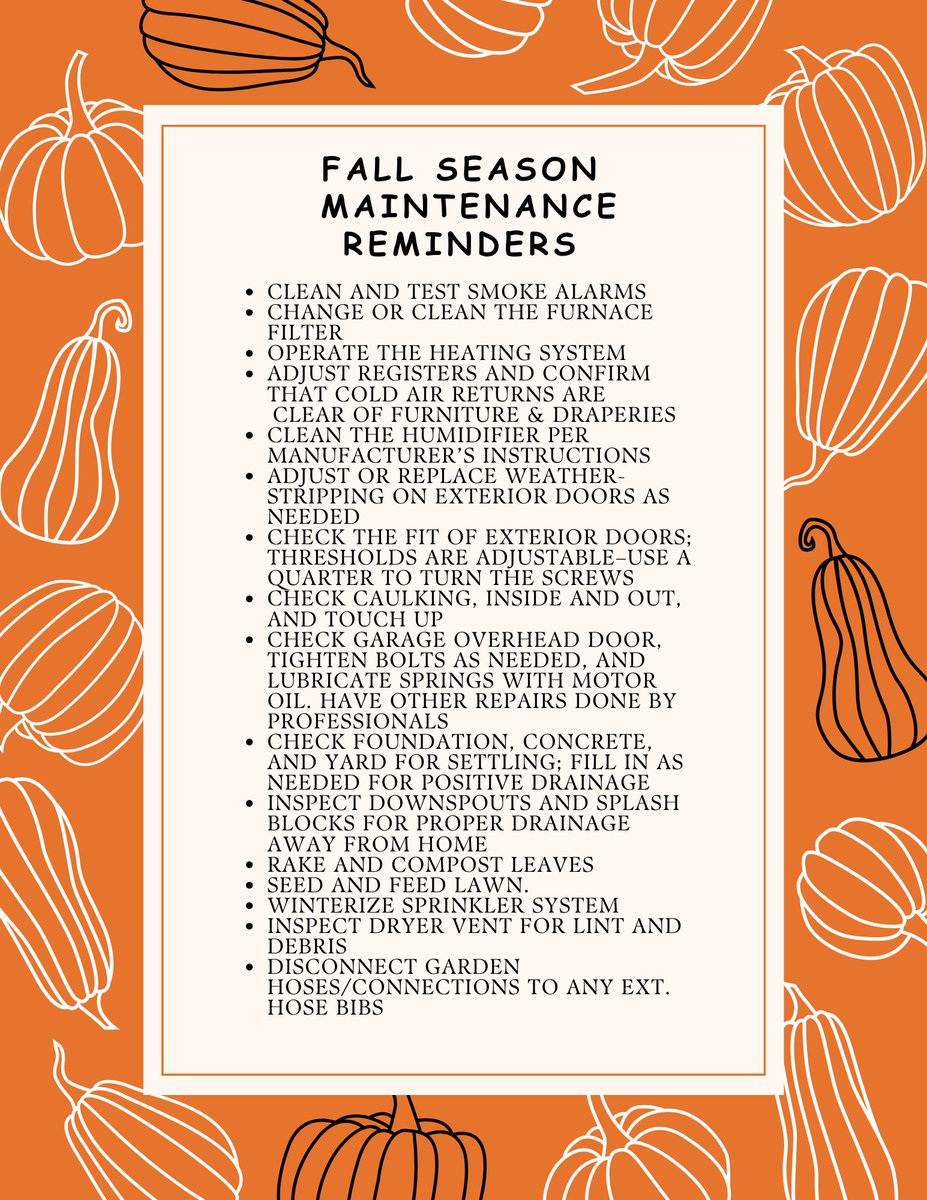ShodeenHomes's tweet photo. A change of season means it's time for Fall Maintenance.  Here a few reminders to get your home ready for cooler weather.
#shodeenhomes #shodeen #fallmaintenancetips #fallvibes #fallishere #sweaterweather https://t.co/f3W3RcwLuo