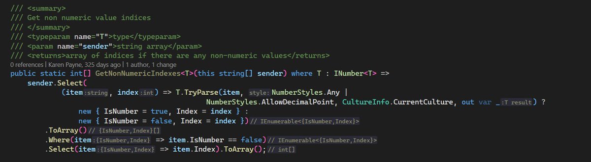 KarenPayneMVP's tweet photo. Been answering questions on many forums for years and wonder when a developer gets some experience with C# or VB .NET they never take the time to learn the basics of generics?

Example 1 allows a developer to use a CheckedListBox with a list of string or other type and keep code clean.

Or perhaps for any project type consistency for in this case IComparable e.g. DateTime and numerics

Or who wants to see the following in business logic

Those who understand why it is prudent to know the fundamentals of generics is going to make life easier down the road. Pass on your expertise.