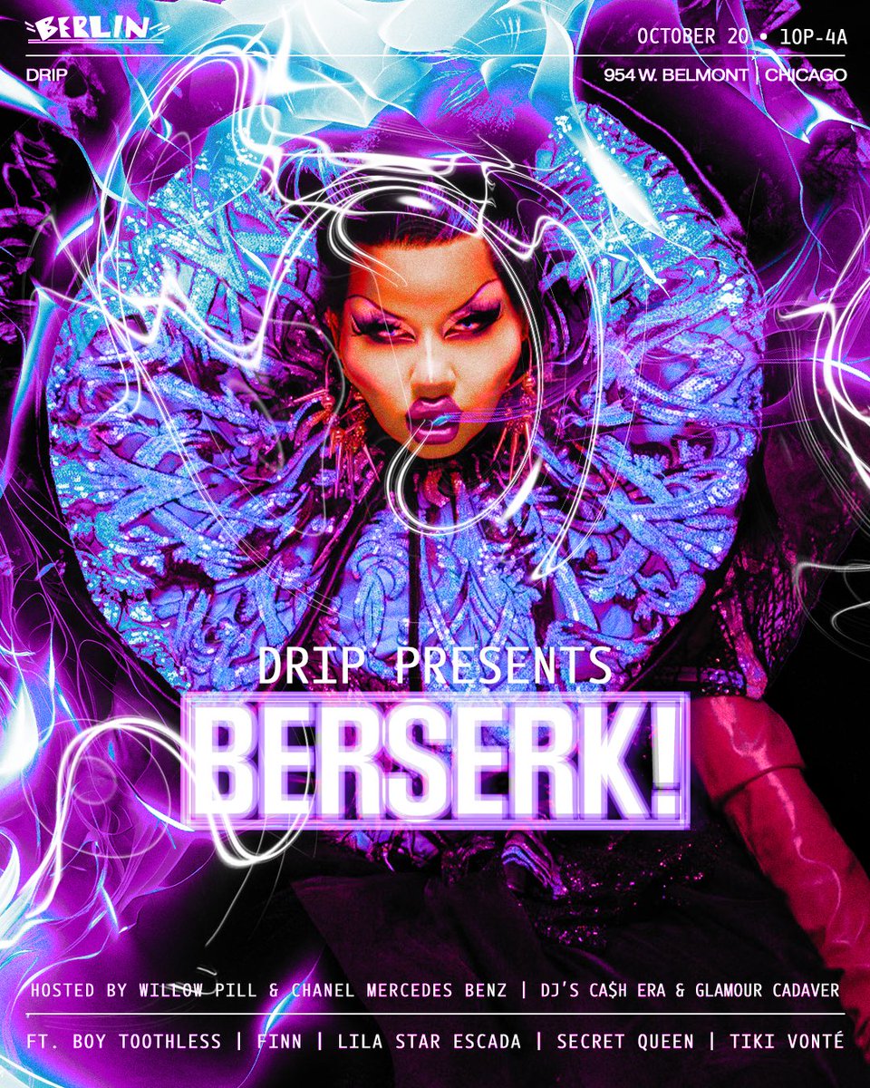 The winner is back! Willow Pill is bringing back Drip: Berserk! Friday, October 20 with co-host Chanel Mercedes Benz and an all new cast! Ticket link in bio! 

Featuring 
😵‍💫Boytoothless
😵‍💫Finn
😵‍💫Lila Star Escada
😵‍💫Secret Queen
😵‍💫TiKi Vonté
🎵with DJ’s Ca$hera and Glamour Cadaver