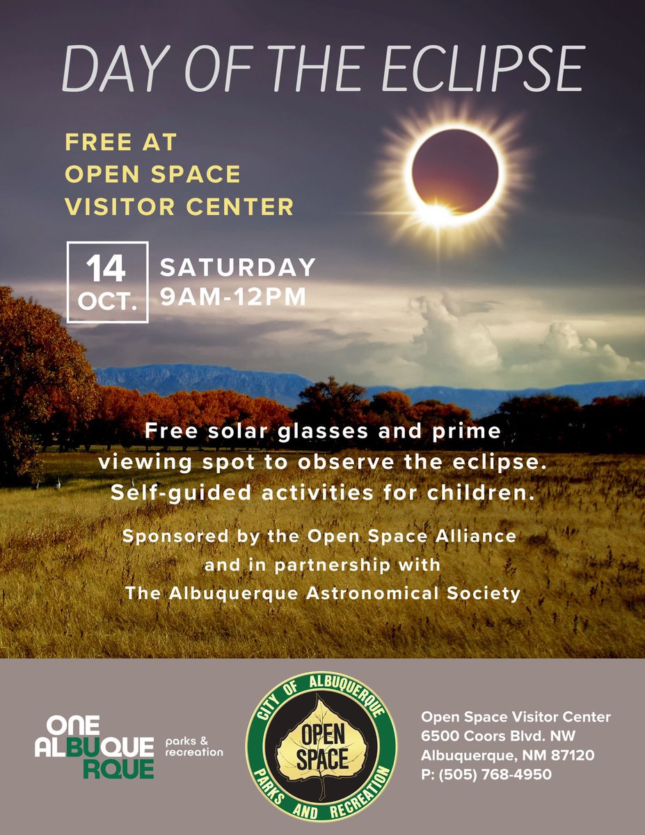 CABQParks's tweet photo. If you’re looking for somewhere to enjoy the eclipse this weekend, come and visit our Open Space Visitor Center. Don’t forget to be safe and wear your eclipse sunglasses, we hope to see you out there! #onealbuquerque #totaleclipseofthepark https://t.co/uY66sfz5it