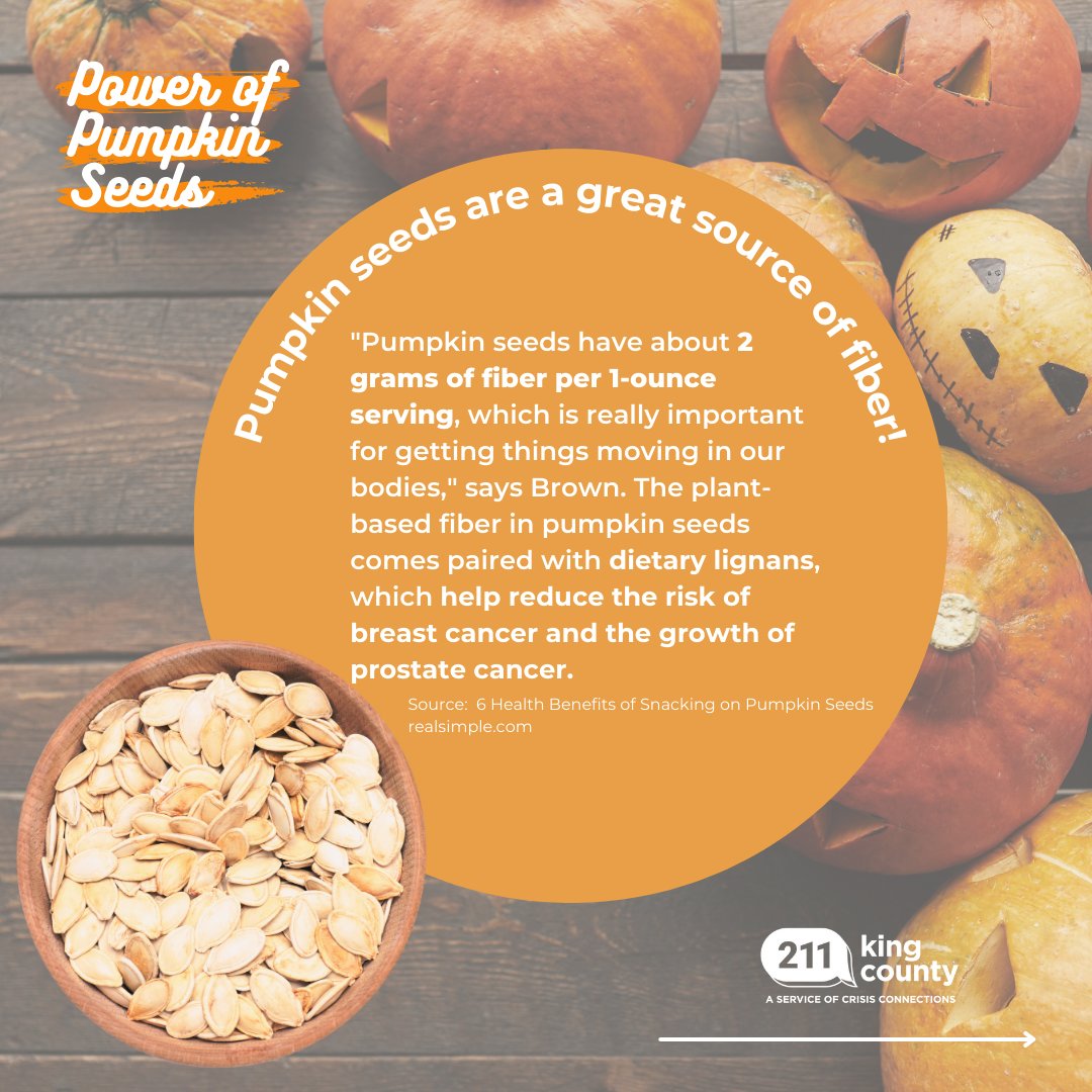 CrisisCXNs's tweet image. Half the fun of carving a pumpkin is getting all those seeds to roast and munch on while you create your Halloween masterpiece! 🎃🎃🎃

Need help with your SNAP application? 
Reach out to 211! We can help. ☎️
👉 211kingcounty.org

#basicfood #foodresources #SNAPbenefits