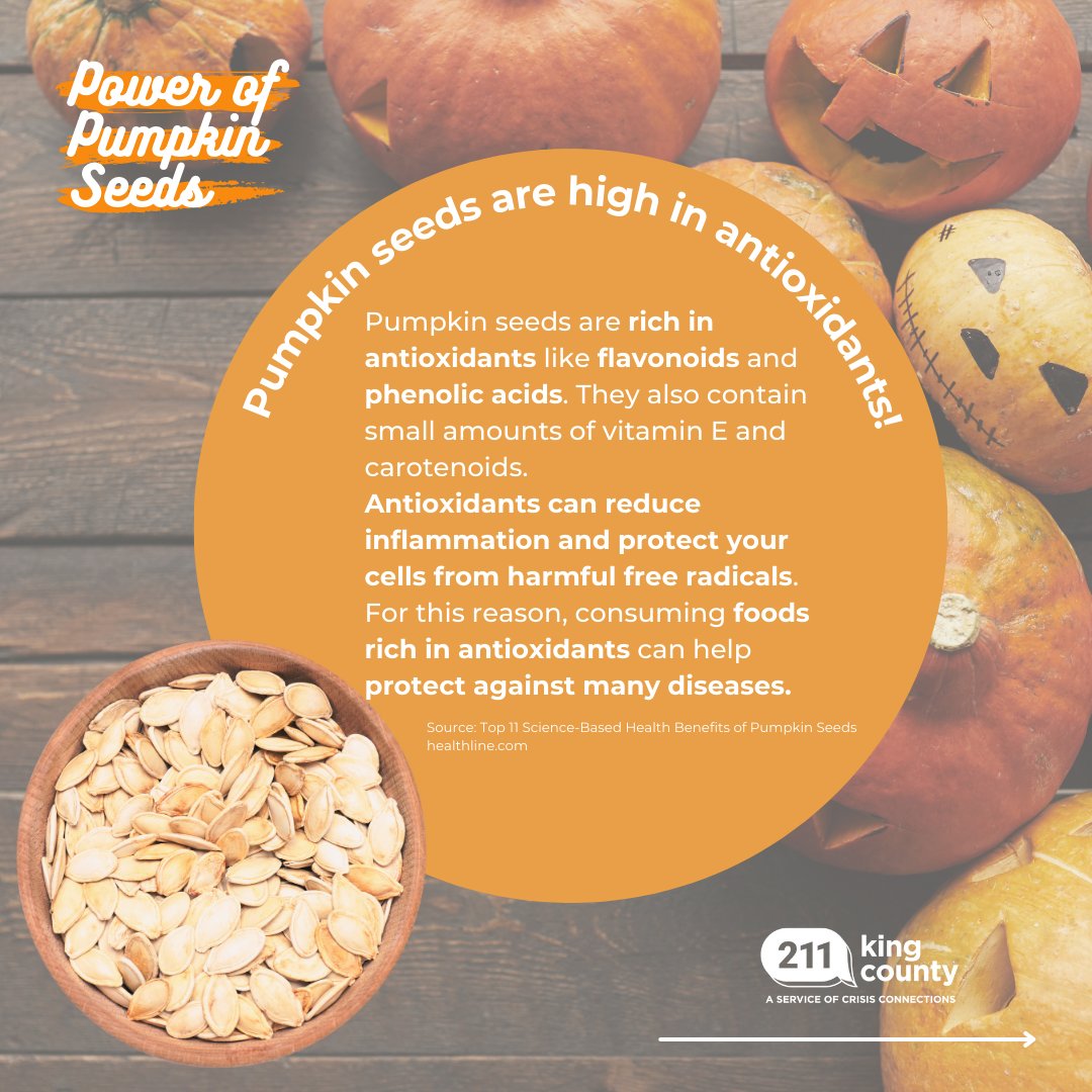 CrisisCXNs's tweet image. Half the fun of carving a pumpkin is getting all those seeds to roast and munch on while you create your Halloween masterpiece! 🎃🎃🎃

Need help with your SNAP application? 
Reach out to 211! We can help. ☎️
👉 211kingcounty.org

#basicfood #foodresources #SNAPbenefits