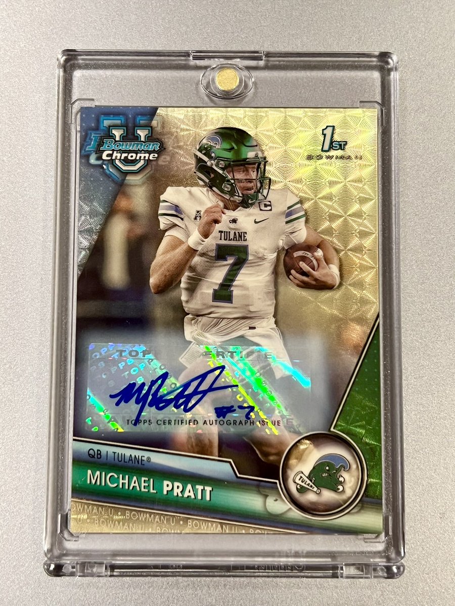 designjws's tweet photo. @BeesGradedCards @sports_sell @SportsSell3 @ILOVECOLLECTIN1 @CardboardEchoes @HobbyRetweet_ 2023 1st Bowman Chrome U Superfractor Auto 1/1 Michael Pratt Tulane QB. Just pulled, not sure yet on price. Open to offers. https://t.co/DAbR8xqNpp