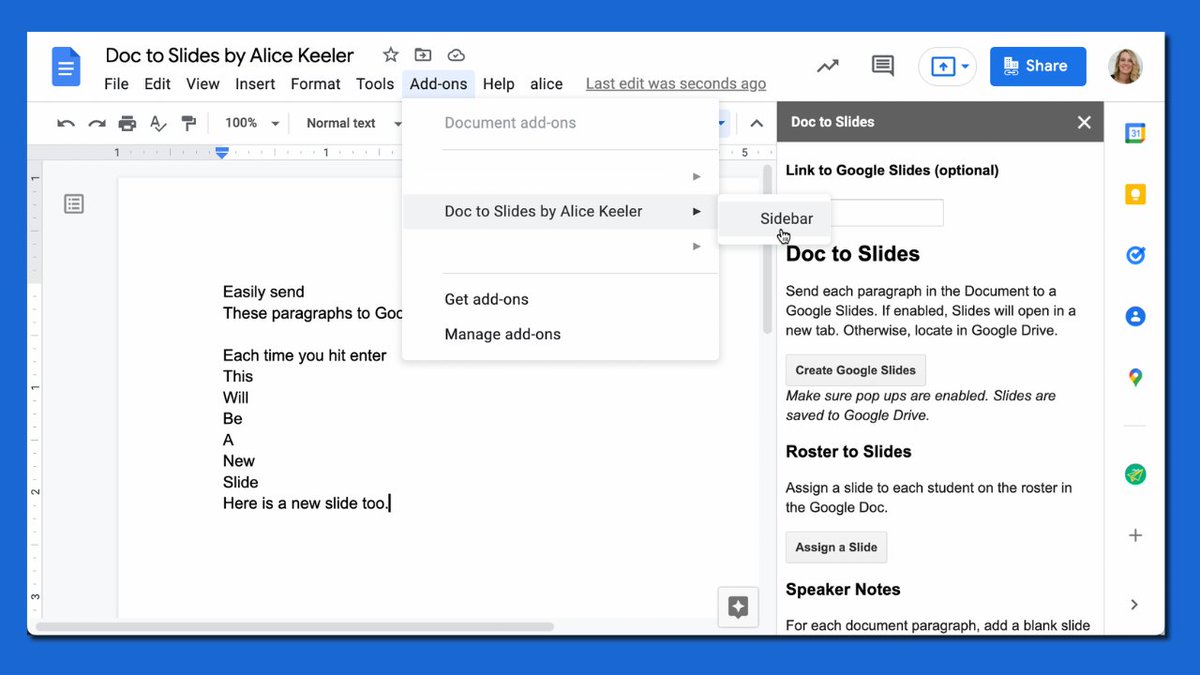 alicekeeler's tweet photo. 🧩 Doc to Slides Add-on

✏️ Turn your Google Doc 

🔥 Into Google Slides

🪄 Like magic! 

❤️ Install
https://t.co/8s9sfhjt0h https://t.co/bvManqkY21