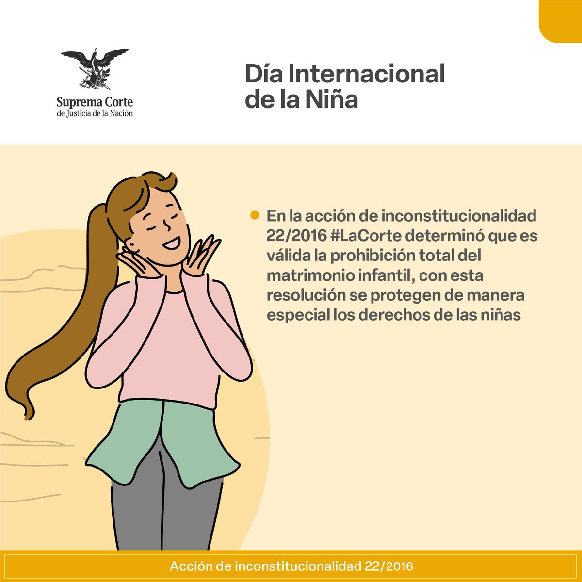 En esta sentencia #LaCorte determinó que es válida la prohibición total del matrimonio infantil. Con esta resolución se protegen de manera especial los derechos de las niñas

Conócela 👉 AI 22/2016  🔗 bit.ly/2xQyKLJ 

#DíaInternacionalDeLaNiña 
#LaCorteContigo