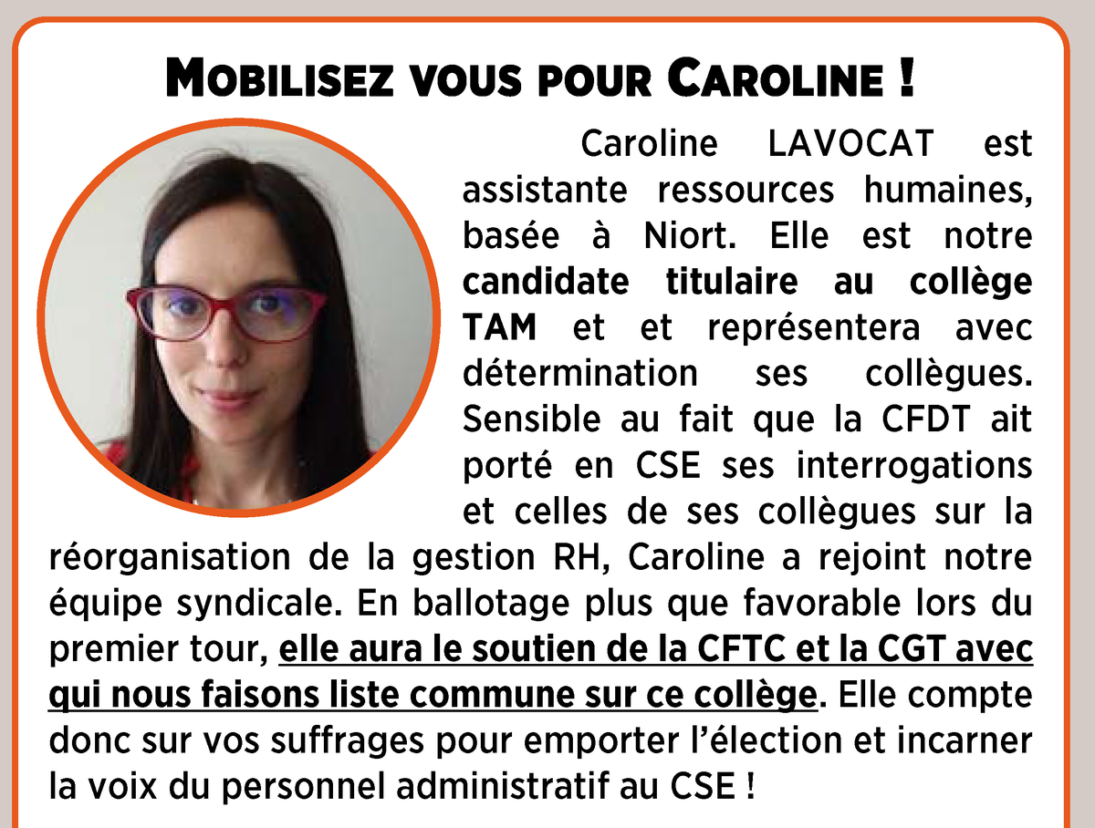 cfdtausy's tweet photo. Une alliance syndicale pour emporter le siège  TAM au second tour de l'élection CSE Randstad Digital : CFDT, CGT et  CFTC s'unissent pour que les métiers administratifs soient représentés  au CSE ! Caroline est la candidate CFDT qui sera soutenue par nos  camarades CGT et CFTC. https://t.co/9AlSIeljEQ