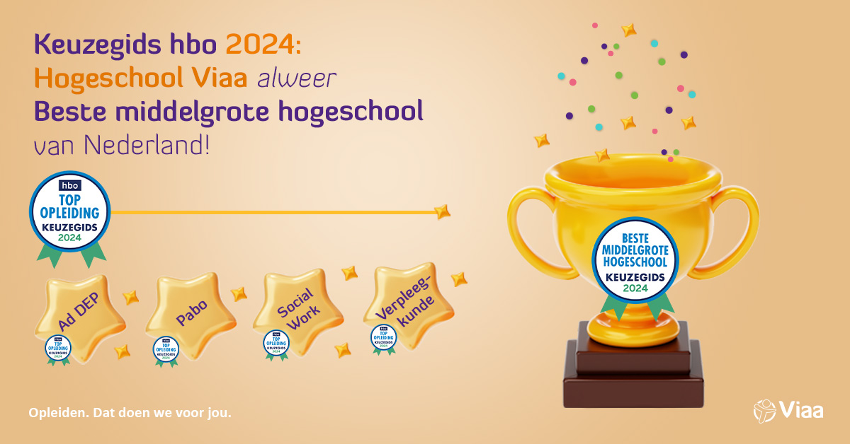 Gouden scores voor Hogeschool Viaa vanuit de Keuzegids hbo 2024! Voor het tweede jaar op rij mag de Zwolse hogeschool zich de 𝘽𝙚𝙨𝙩𝙚 𝙢𝙞𝙙𝙙𝙚𝙡𝙜𝙧𝙤𝙩𝙚 𝙝𝙤𝙜𝙚𝙨𝙘𝙝𝙤𝙤𝙡 𝙫𝙖𝙣 𝙉𝙚𝙙𝙚𝙧𝙡𝙖𝙣𝙙 noemen. Viaa scoort met 77 punten ruim boven de overige hogescholen.