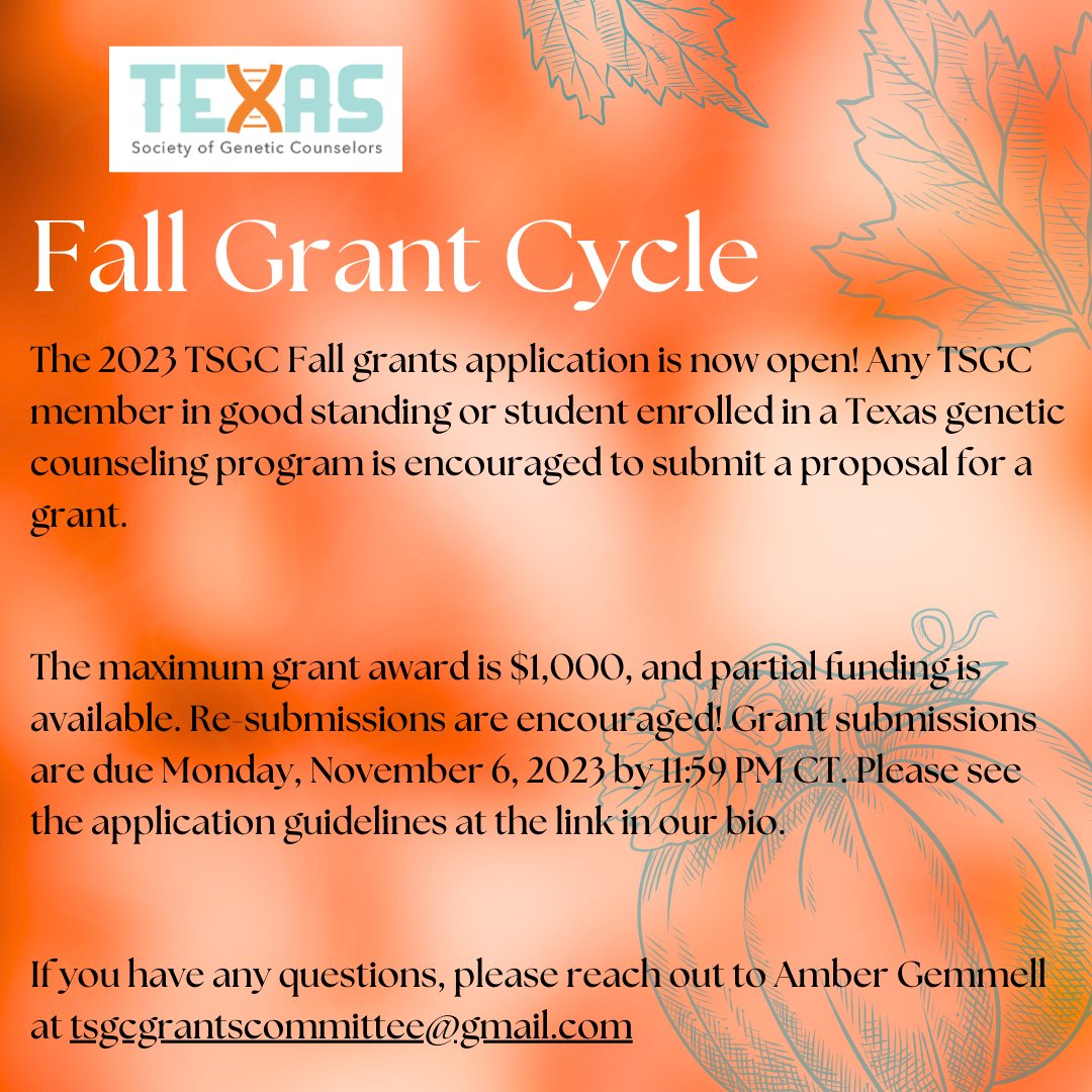 Apply now for the TSGC fall grant cycle at the link in our bio!

Submissions are due on November 6, 2023 by 11:59pm CT.
