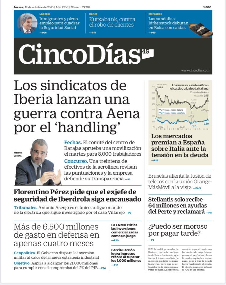 JuanjoMorodo's tweet image. ‘Los sindicatos de #Iberia lanzan una guerra contra #Aena por el #handling’; más de 6.500MM€ de gasto en #defensa en apenas 4 meses; #Bruselas alienta la fusión de #telecos con la de #Orange-#MásMóvil a la vista, y #Stellantis solo recibe 64MM€ en ayudas del #Perte y reclamará
