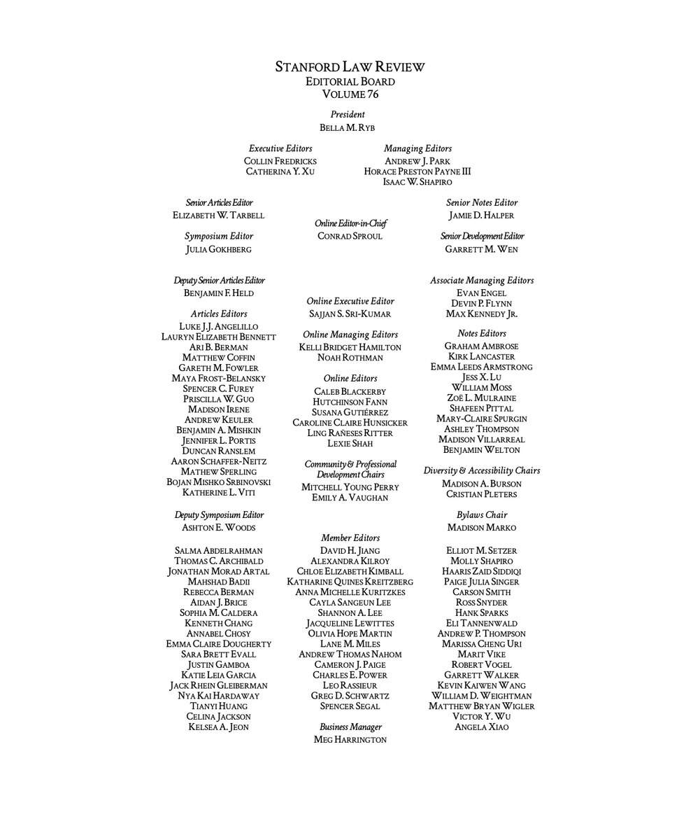 The Stanford Law Review is proud to share its Volume 76 masthead. stanfordlawreview.org/mastheads/volu…