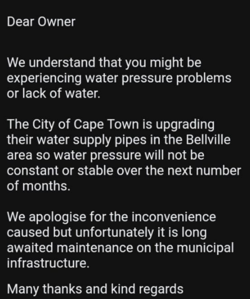 michaelchris31's tweet photo. @CityofCT the people in Labiance towers higher floors have mentioned that they haven't had water for days due to extremely low water pressure (not reaching the higher floors). The body corporate sent them the following (could you please confirm if it is legit?) https://t.co/AAnovqe0oT