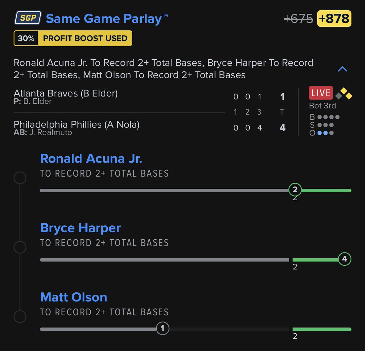 LCapitanBets's tweet photo. Acuna Homerun OR Olson hit. Either one of those happen? I’m giving away $100 tonight. Let’s work 🙏🏽
.
.
I’ll choose 2 people that RT &amp; Like 🫡
https://t.co/dpxCdZxNsH https://t.co/xf2zljcyhg
