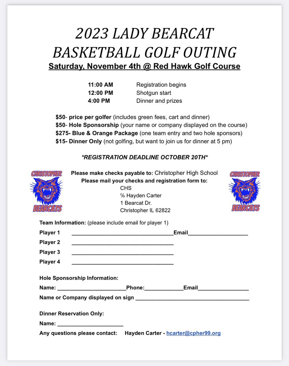 theCatsBT's tweet photo. We are hosting a golf scramble fundraiser on November 4th. All proceeds go towards things such as team gear and meals for tournaments among other things. We are also offering hole sponsors for businesses for only $50! We would greatly appreciate your support! https://t.co/tFsYrV8U7c