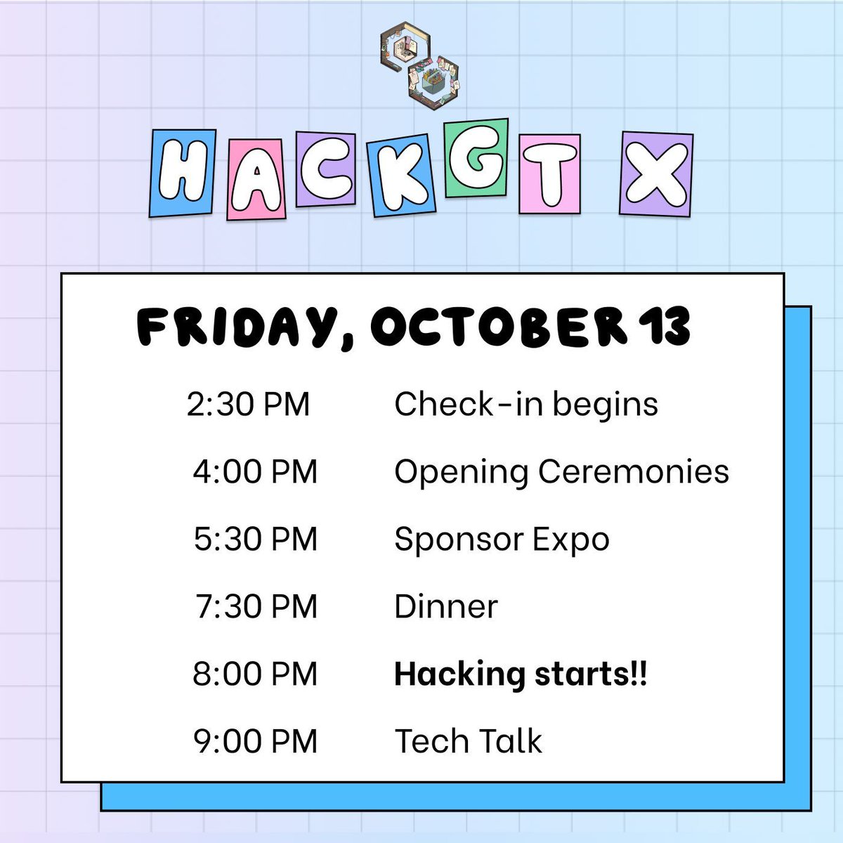 TheHexLabs's tweet photo. HackGT is this FRIDAY!! 🛼 What does our event timeline look like? Here is our most updated schedule on what we have planned for you this weekend 🤩 along with these we’ll have mini-events, workshops, and performances throughout the weekend!
#hackgt #journalofmemories https://t.co/vzVq2g9T1U