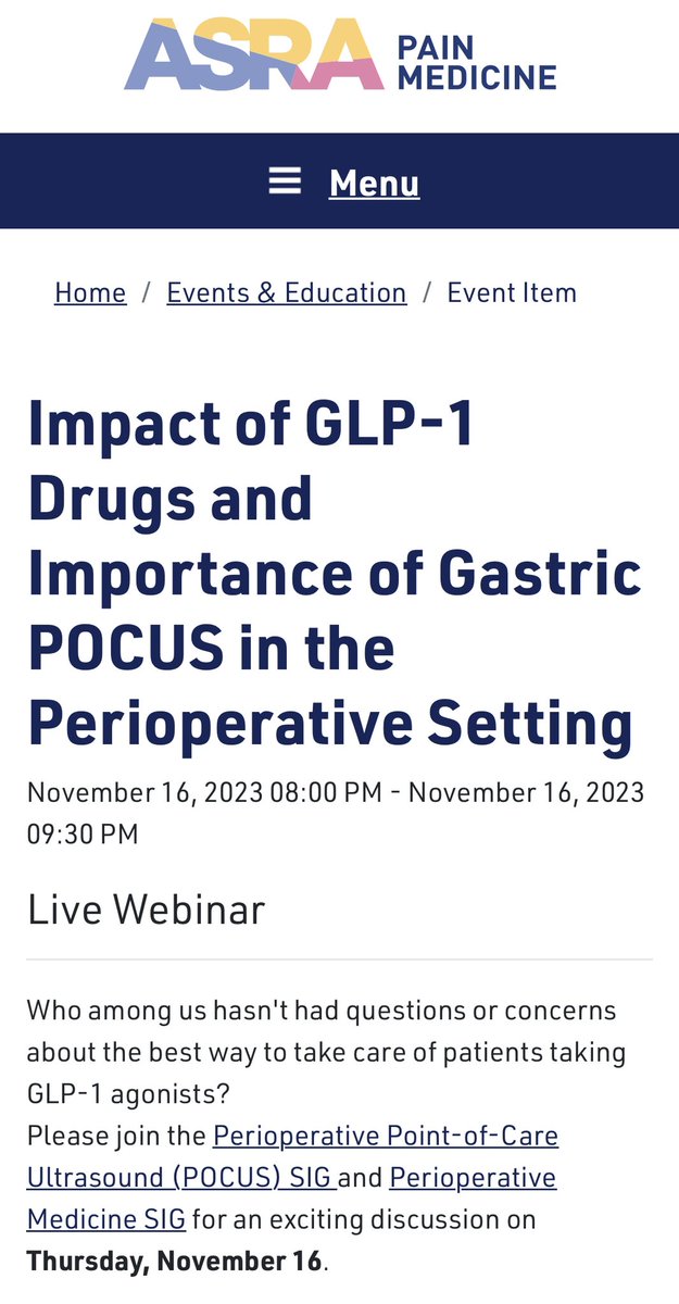 #POCUS 
Join @ASRA_Society for the most awaited 🥵 topic, webinar on GLP1 agonists drugs & #gastricultrasound in #periop medicine!
💥Nov 16th, 8 PM ⏰ 👇🏿
Register now: asra.com/events-educati… #ASRAPOCUS #PeriopMedSIG  @ASALifeline @AbaPhysicians @t_hiles @PerlasAnahi @NarouzeMD