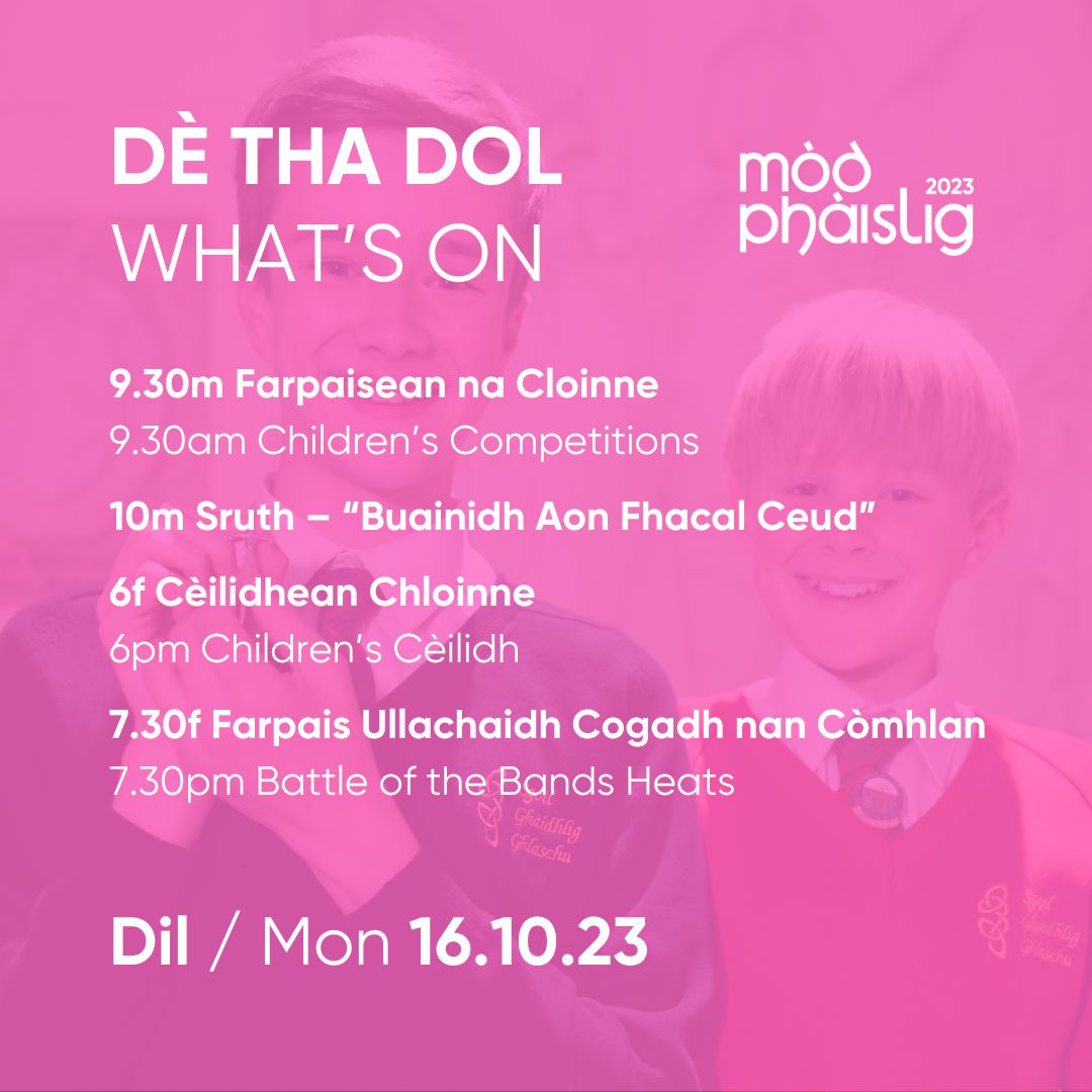 NationalMod's tweet photo. Seo na bhios a’ dol aig a’ Mhòd Nàiseanta Rìoghail ann am Pàislig an diugh  -  feuch gun tig sibh còmhla rinn!

Here’s what’s taking place at the Royal National Mod in Paisley today.  Be sure to join us! 

https://t.co/hLf8BKOFAT
#modphaislig2023 #Gàidhlig #Gaelic https://t.co/jB4NxnuIj2