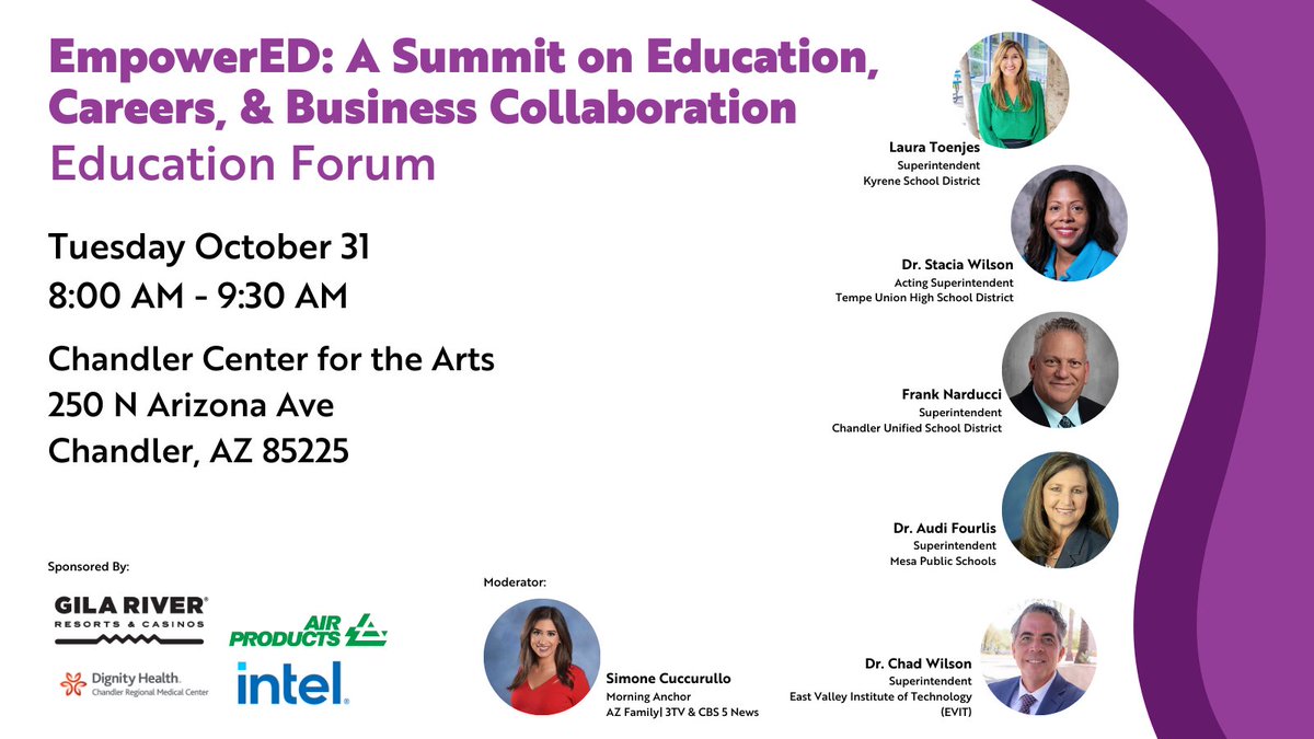 Join us for an Education Forum featuring superintendents from the leading school districts in AZ that will share their perspectives on educational innovation and their vision for student success. Register: bit.ly/3PI5tKI  
#chandlerchamber #memberdriven #businessstrong