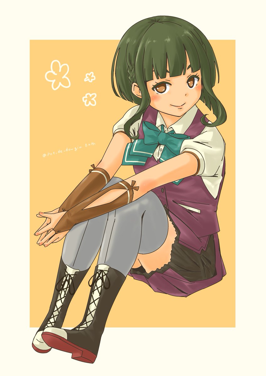 takanami (kancolle) 1girl solo green hair grey thighhighs vest thighhighs short hair  illustration images