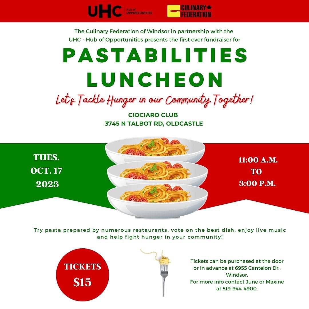 Pasta for a cause! That’s right PASTA! 
🍝Tuesday | <a href="/CiociaroClub/">Ciociaro Club</a> 

The <a href="/UHC_/">UHC - Hub of Opportunities</a>  feats different pasta dishes prepared by over 25 restaurants across Windsor-Essex.

Live music | The New Normal 🎶