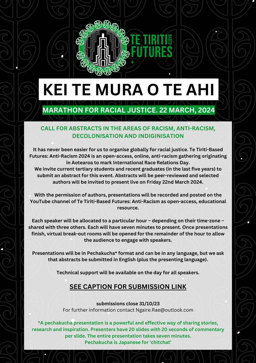 Planning is underway for <a href="/tetiritifutures/">Te Tiriti Based Futures 2022</a> 2023! 🥳
Open to current students or recent grads (in the last 5 years) who want to share your research on #racialjustice! Abstract deadline 30/10/2023 
Link for submission: t.ly/G6RXy