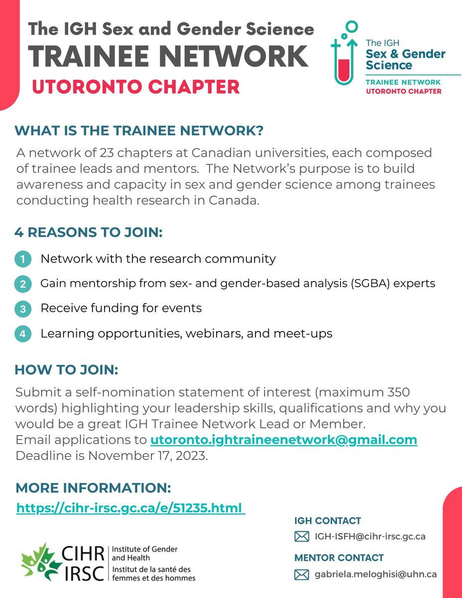 📢Hey @UofT trainees! Are you interested in sex & gender research?🚻 Checkout the newest @IGHnetwork chapter! Sign-up to join the 🇨🇦-wide network of researchers & learn about our events. To learn more, follow the chapter on Twitter: @IGHnetwork_UTor