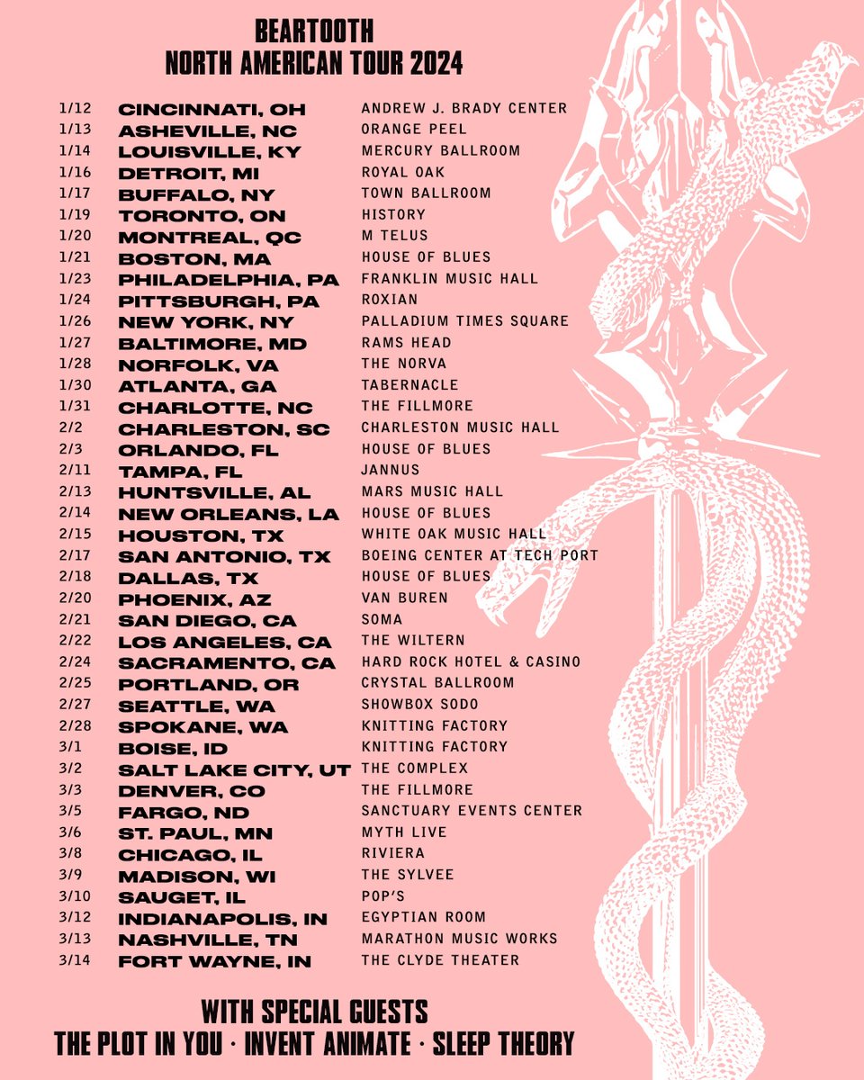 BEARTOOTHband's tweet photo. We are stoked to announce we’re going on tour starting this January and we’re bringing @ThePlotInYou, @Invent_Animate, @SleepTheoryBand with us! Tickets go on sale Friday at 10am local time but starting TODAY you can get VIP Packages that includes a ticket with no code needed! 👇 https://t.co/264d38hFEN