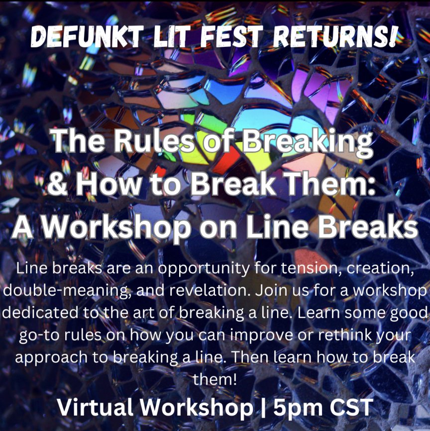 The first LITFEST workshop will be with <a href="/GraceW_Writer/">Grace Wagner</a>! They'll be covering the possibility imbued in line breaks, with a generative aspect and time to share your work.
This workshop will be 1.5 hours held on Zoom at 5CST/3PST
Tickets $10 link in our bio!