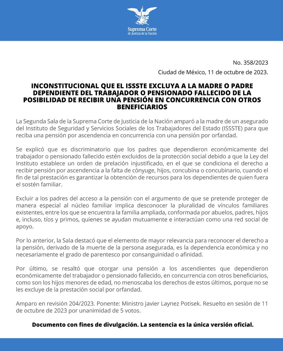 La #SegundaSalaSCJN determinó que es discriminatorio que el <a href="/ISSSTE_mx/">ISSSTE</a> excluya a los padres dependientes económicos del trabajador o pensionado fallecido de recibir una pensión por ascendencia cuando existen otros beneficiarios. bit.ly/3rLVNa4