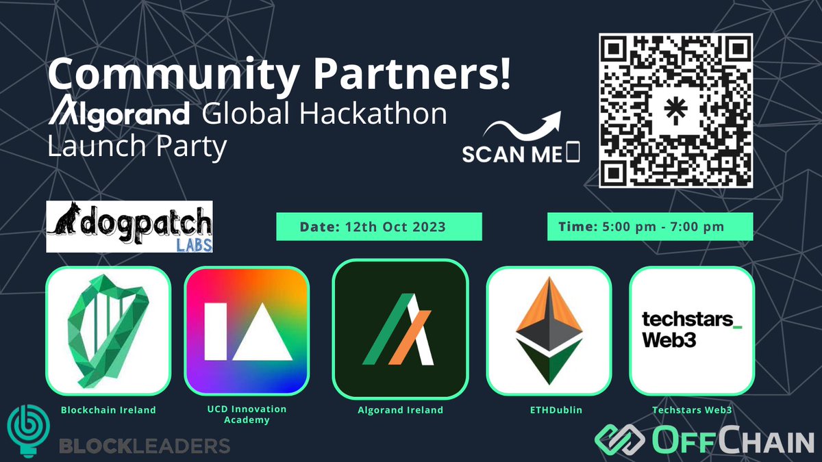 Hands up if you’ll be at <a href="/dogpatchlabs/">Dogpatch Labs</a> tomorrow for the <a href="/Algorand_IE/">Algorand Ireland</a> global hackathon launch party 🙋

What a great opportunity to mingle with the best 👀 

<a href="/techstarsweb3/">Techstars Web3</a> <a href="/blockchain_irl/">Blockchain Ireland</a> <a href="/blockleaders/">blockleaders</a> <a href="/UCD_Innovators/">Innovation Academy</a>