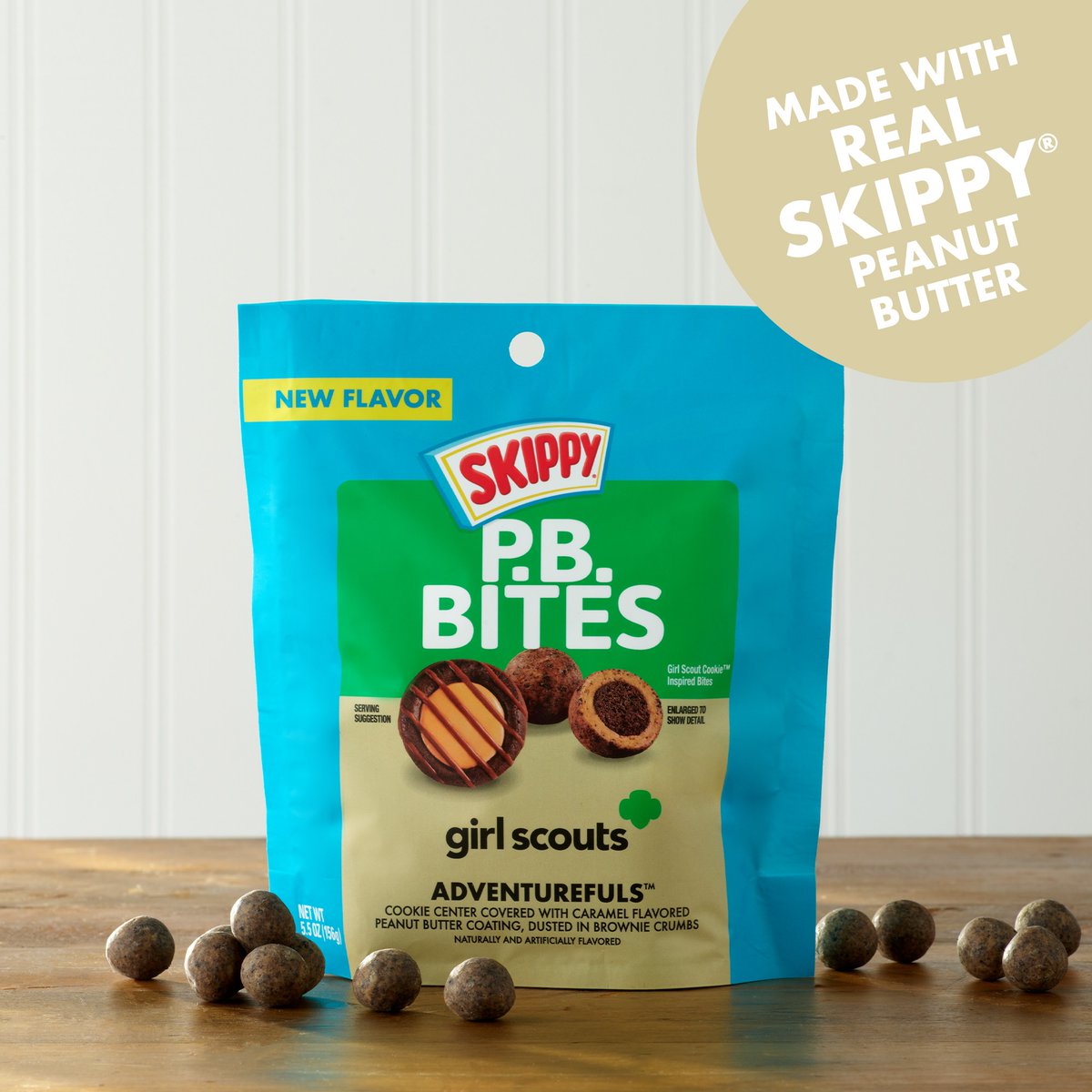 Inspired by the popular Girl Scout Adventurefuls™ Cookie, this delicious flavor boasts a chocolatey cookie center, enveloped in a tantalizing SKIPPY® peanut butter coating with delightful hints of caramel and tossed with salt and brownie dust
