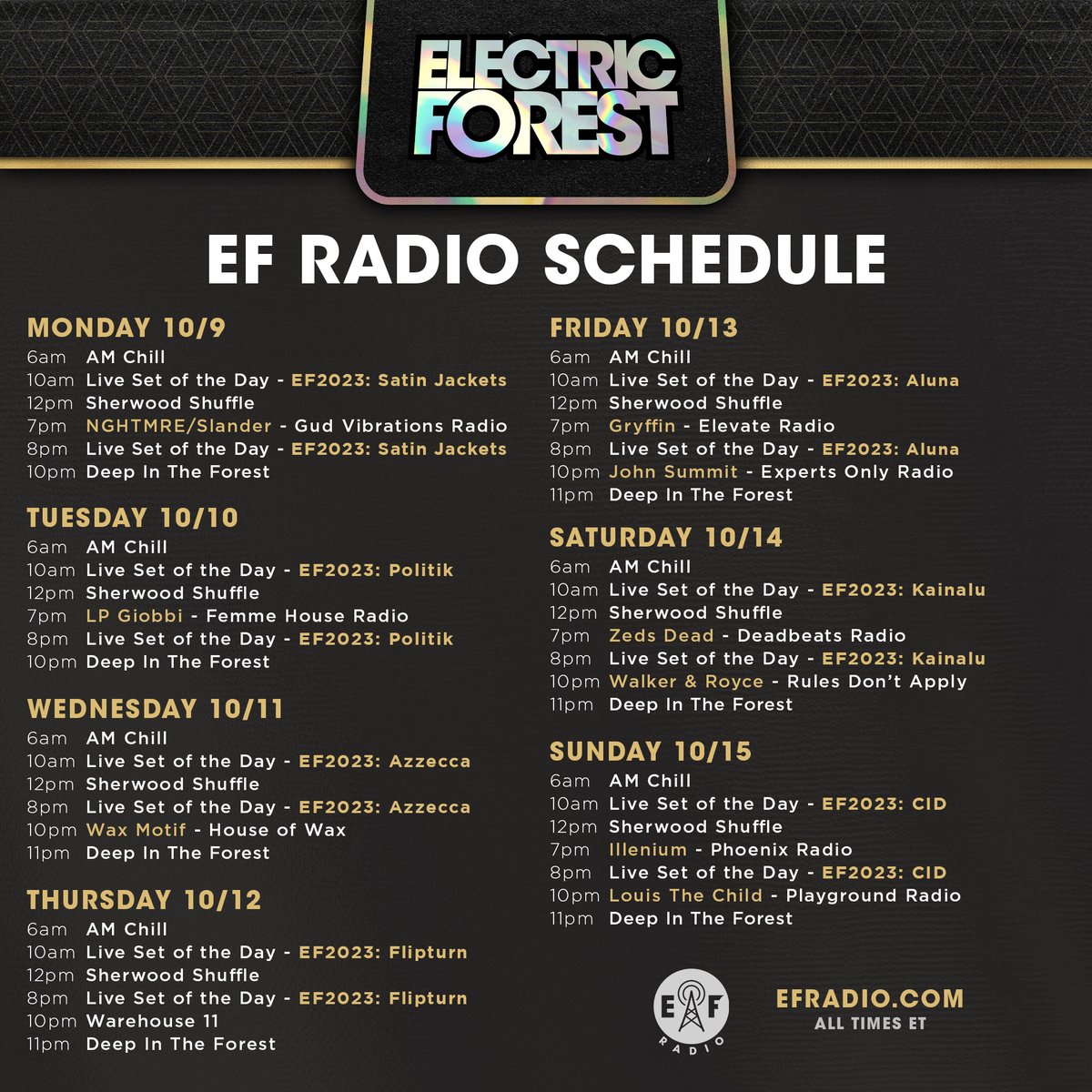 Synlig Avenue segment Electric Forest ⚡🌲 on X: "This week on @EForestRadio! 📻🌲 Tune in for  #EF2023 performances from @flipturnband and others, daily broadcasts of the  AM Chill and Sherwood Shuffle, programming from @zedsdead, and