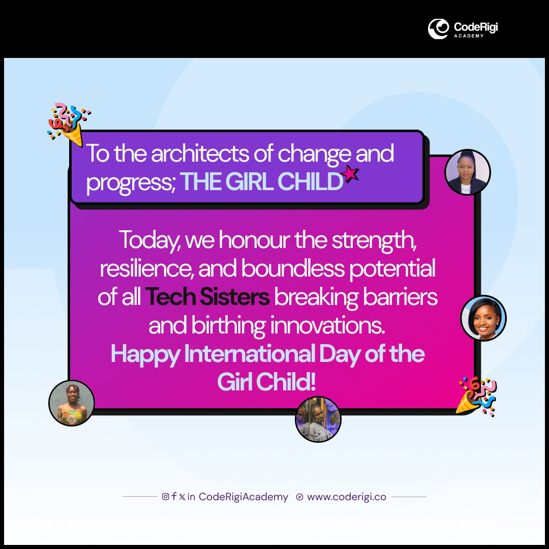 coderigi_'s tweet photo. The girl child is a great asset to the world.π€Let's ensure an enabling environment for her to birth more innovations and shape the future of technology.πβ¨
Happy International Day of The Girl child π
#InternationaldayoftheGirlchild
#Coderigi
#Girlchildday
#InvestInGirls https://t.co/my8qps9vnA