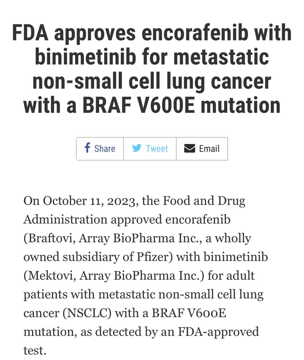 RManochakian's tweet photo. 1/2 🔥🚨@OncoAlert Hot off the press

@FDAOncology approves the combination of #Encorafenib and #Binimetinib for #Patients with metastatic Non-Small cell #LungCancer with a #BRAF V600E mutation.

#LCSM #NSCLC
👇🏼
https://t.co/whEPWw5pO2 https://t.co/PGWpqUMQsN