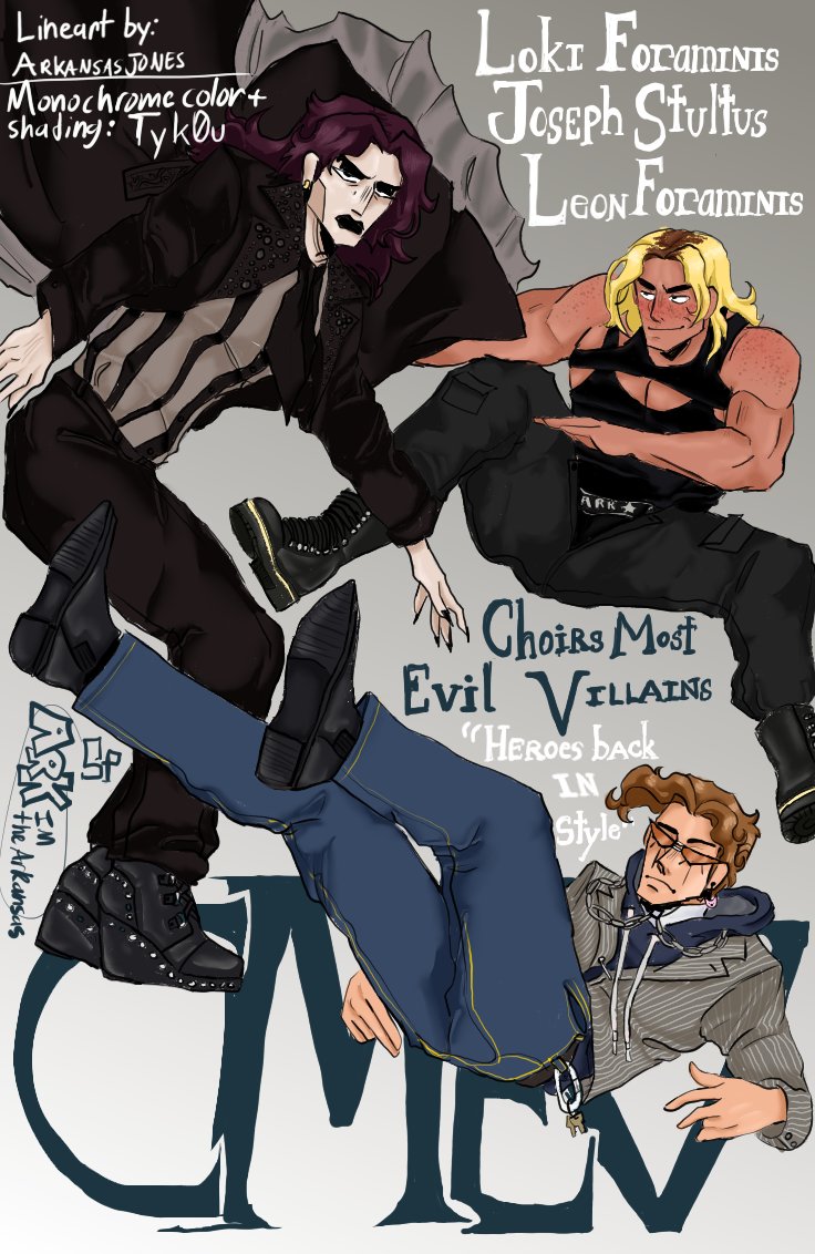 im_thearkansas's tweet photo. Here's to 3 years of CMEV, and many many renditions of the cover lmaoo (newest cover is in replies) #cmev #choirsmostevilvillains #webtoon #newgrounds #comic #art #originalcharacter #originalcomic https://t.co/xvcsBxvxky