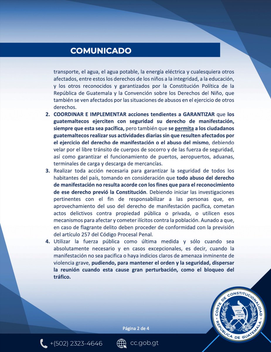 Noti7Guatemala's tweet photo. La CC ordena a las autoridades: “asumir de forma inmediata y oportuna las acciones y medidas pertinentes para restituir a los guatemaltecos en el goce de la libre locomoción, el acceso a la salud y vida, seguridad, al ejercicio del trabajo, el comercio y la industria”.  

 También ordena “utilizar la fuerza pública como última medida y solo cuando sea absolutamente necesario y en casos excepcionales, es decir, cuando la manifestación no sea pacífica o haya indicios claros de amenaza inminente de violencia grave”.