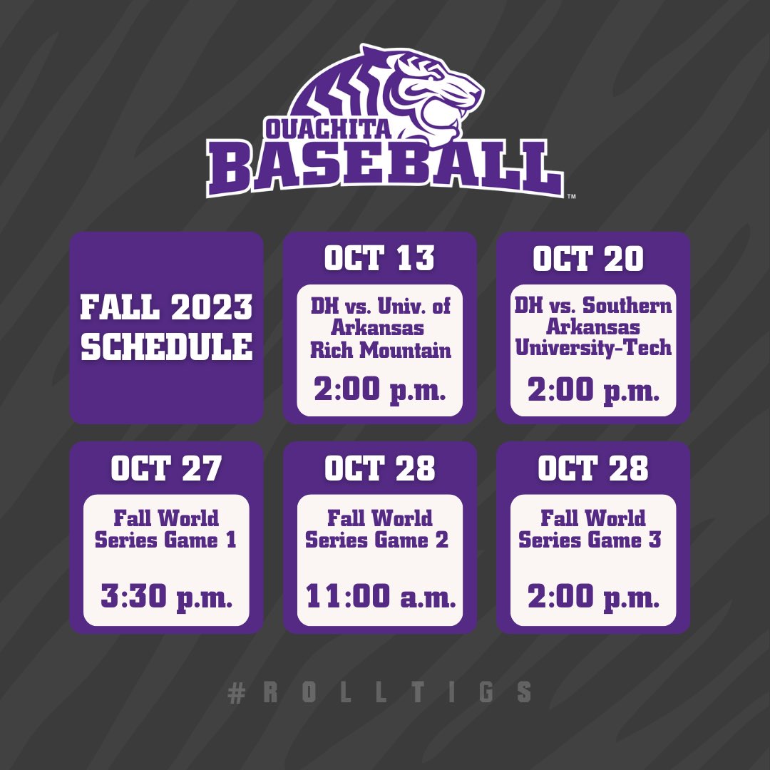 OuachitaBSB's tweet photo. Still some time to see your Tigers this fall! 🐅 

Make plans to come to The Rab &amp; support the Tigs this month 👀🐅

#RollTigs | #BringYourRoar https://t.co/LuX0I8kvJ2