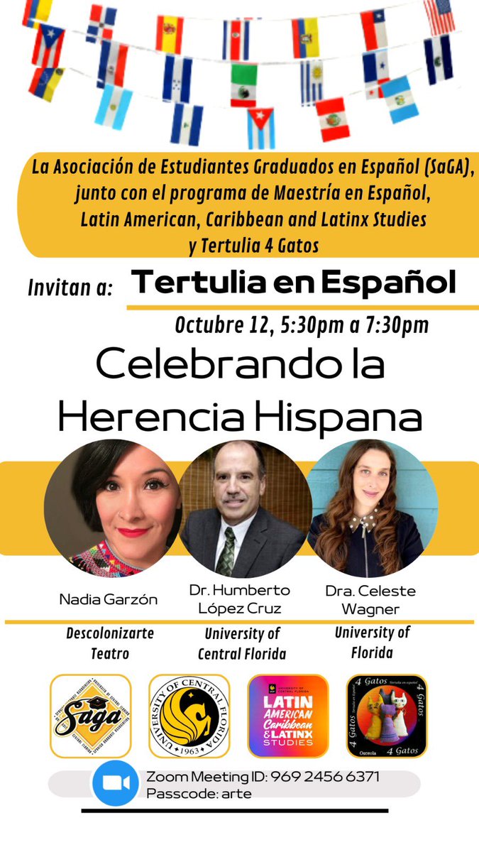 UCFSaGA's tweet photo. Los esperamos mañana 12 de octubre a las 5:30 pm en nuestra Segunda  Tertulia en Español 

Join us: https://t.co/Y8Ucah5qHl?…

Zoom meeting ID: 969 2456 6371
Passcode: arte https://t.co/cXZWCFZwXc