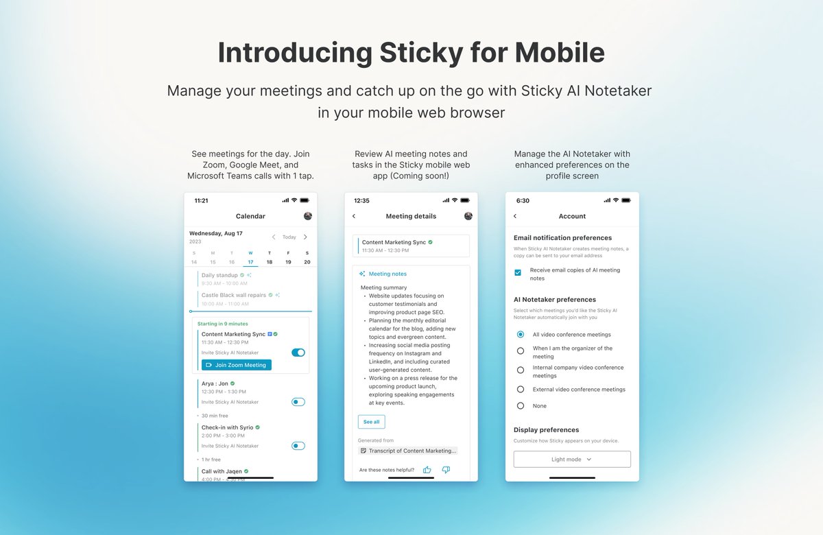 andrwlassetter's tweet image. 🚀 Introducing Sticky for Mobile Web! 🚀

We're excited to announce Sticky is now available on mobile web!

To try it out, just sign in to your Sticky account in your mobile browser by opening dashboard.sticky.app

#Sticky #AI #Productivity #NewRelease #GenAI #LLM