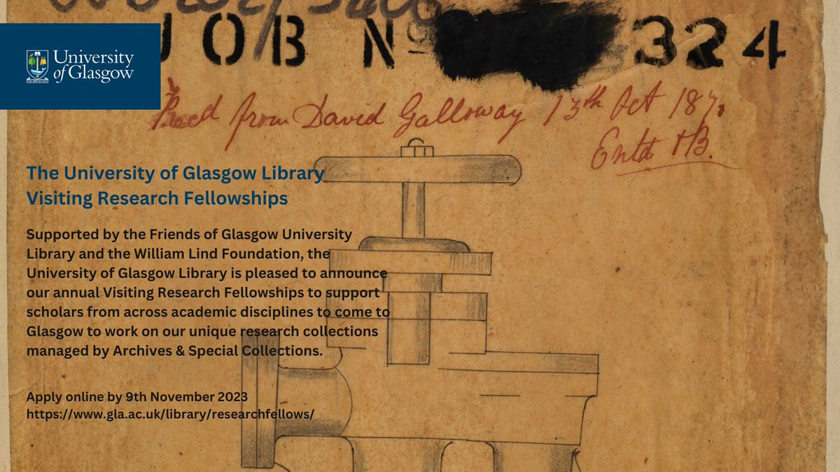 📢 Last chance to apply for our <a href="/uofglibrary/">University of Glasgow Library</a> Visiting Research Fellowships - applications close 9th Nov 2023

We’re delighted to invite scholars from across the globe to apply to work with our unique research collections #UofGLibraryFellows

Apply here: gla.ac.uk/library/resear…
